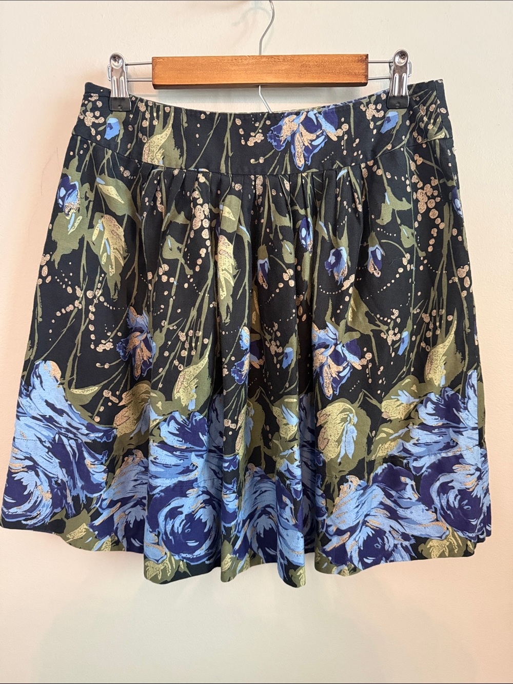 LOFT Black Floral Midi Skirt with Blue & Green Accents